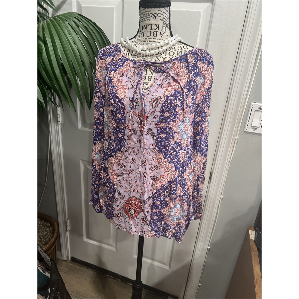 Lucky Brand L Boho Mixed Print Tunic Floral Paisley Hippy Top Size Tropical 429-